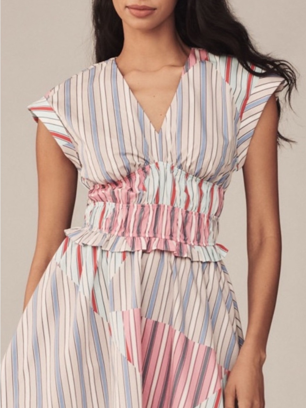 Anthropologie Striped V-Neck Ruffled Waist Midi Dress in Pastel Stripe